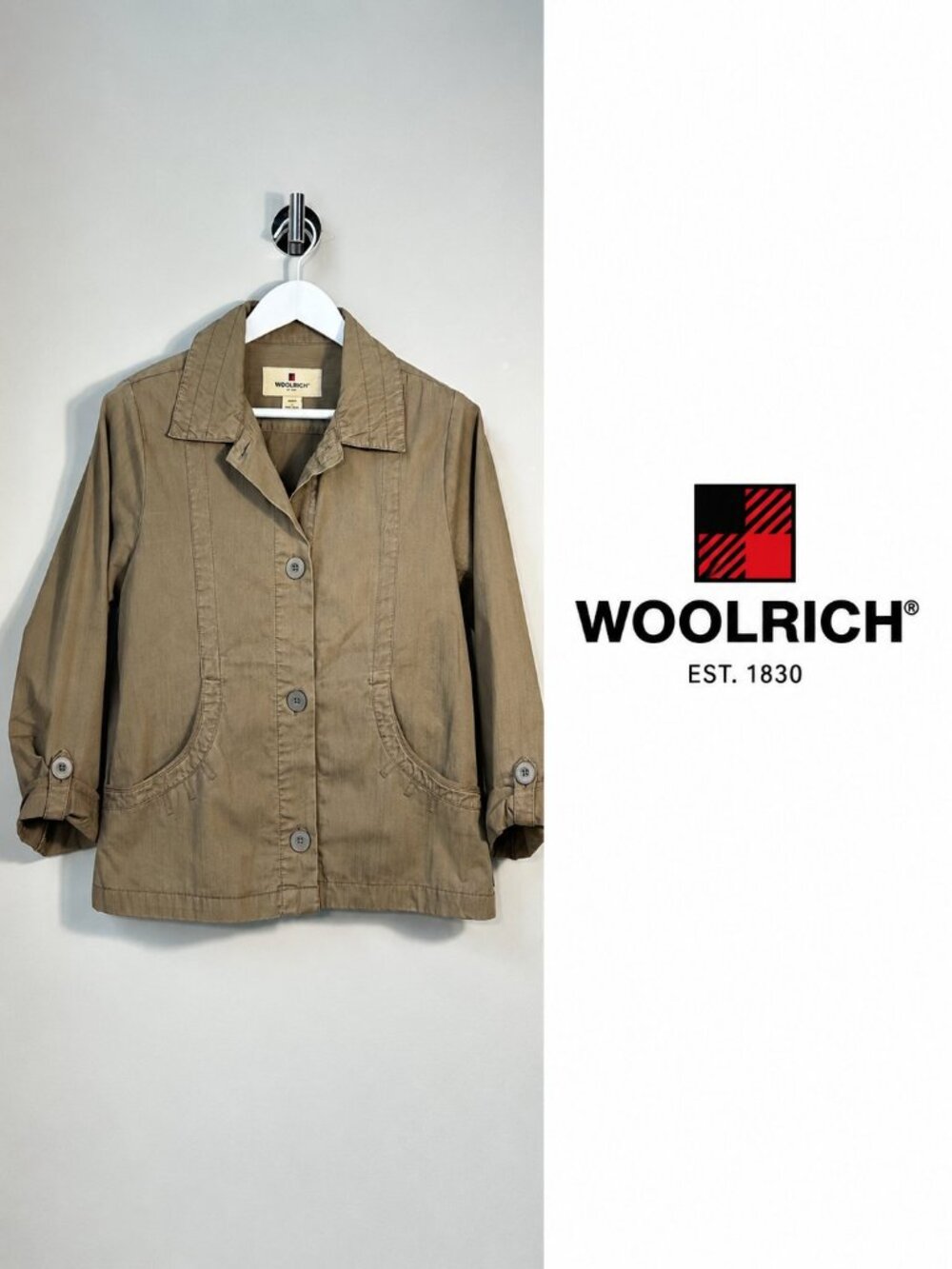 Woolrich Women’s Small Khaki Tan Cotton Utility Jacket Button Front Roll Tab Sle